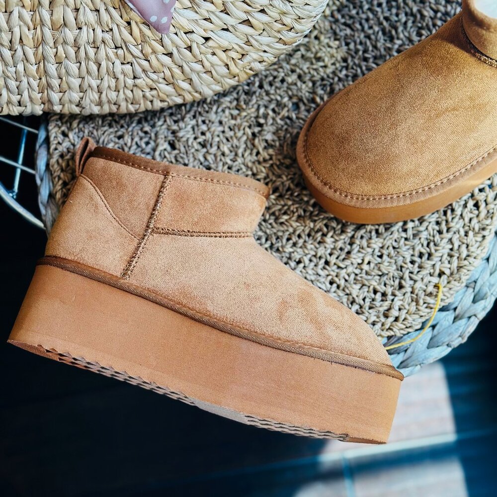NEW🔥 Chestnut Tan Faux Fur Lined Platform Classic Ultra Mini Booties Ankle Boot - Picture 4 of 6